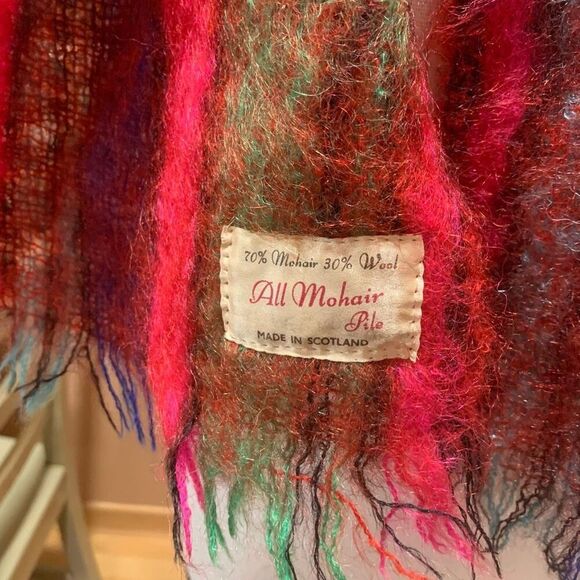 Vintage Wool Mohair/Wool Scarf, Scotland-Made Fringe Red Green Unisex 8”x44” - Picture 3 of 5